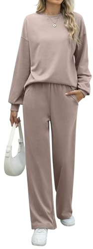REORIA Women Cotton Lounge Wear Sets Crew Neck Tracksuit Set Two Piece Outfit Long Sleeve Top and Wide Leg Pants Co Ord Sets Khaki XL