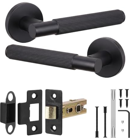 Decoranddecor Hera Matt Black Door Handles Internal, Fire Rated Latch Set | Interior Door Handles with Mortice Tubular Latch, Aged Victorian Style Black Handle, Indoor Handle Sets