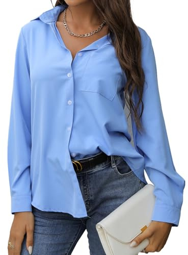 EDOTON Camicetta Donna Elegante Bluse Casual a Maniche Lunghe Bottoni Camicetta con Scollo a V vestibilità Tinta Unita Blusa con Tasca (Azzurro,S)