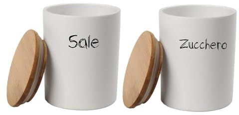 Maury's Set Barattoli in Ceramica con Top in Legno 10x13cm: Sale e Zucchero (Tondo Bianco -2 Pz)