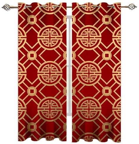 Kinder Gardinen Kinderzimmer Junge Mädchen Blickdicht Rot-Gelbe Geometrische Linien Im Chinesischen Stil 200X214Cm 2Er Set Verdunkelungsvorhang Thermovorhang Hitzeschutz Vorhänge Wohnzimmer Schlafz