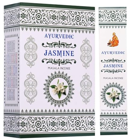 Ayurvedic Jasmine Masala Räucherstäbchen – 12 x 15 Sticks | Handgerollte Agarbatti Blumig-Süßer Duft für Gebet, Meditation & Yoga | Mit Kajal Sticker Floral & devotional