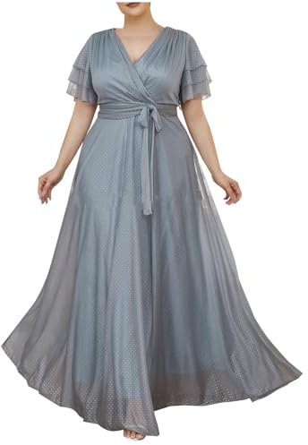 Vestido de invitado de boda para mujer, vestido largo de noche, elegante, para boda, cuello de pico, vestido de dama de honor con cinturón, talla grande, cintura alta, vestido envolvente, vestido de