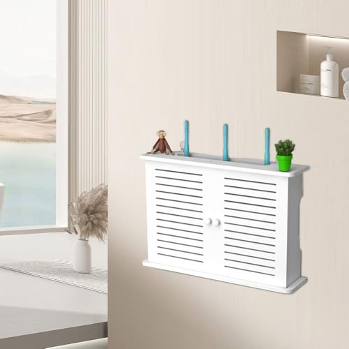 Les-Theresa Wifi Router Box Cabinet Wall Mounted Wifi Storage Box Cover, Router Floating Shelf Adjustable Cabinet Router Rack for Wires Routers Home Office (Double Door)