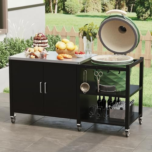 DEZAGCE Carrello per barbecue con ruote e spazio di archiviazione: isola da cucina per esterni con armadio, ganci e ripiani, tavolo per barbecue in metallo, mobile e stabile, per giardino, terrazza