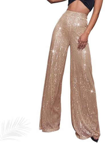 Generiskt paljetttäckta, glittrande palazzobyxor med hög midja och vida ben för kvinnor – gnistrande festbyxor med glitterleggings, kaki, XXL