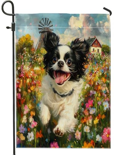 Drapeaux de jardin japonais à motif de chien de printemps 30,5 x 45,7 cm double face pour décoration extérieure, jardin de campagne, chiot avant cour, drapeau en toile, drapeau amusant pour animaux de