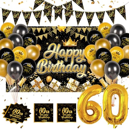 Fizdoqg 60 Geburtstag Männer Frauen Deko, 60 Geburtstag Deko Schwarz Gold | 180 * 110cm Groß Größe Hintergrund Banner mit Luftballon Servietten für Geschenke, Geburtstagsparty Dekoration