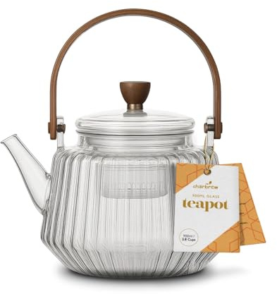 Charbrew 900ml Clear Glass Teapot with Infuser - Striped Borosilicate Glass, Wooden Handle - for Loose Leaf Tea, Teabags & Blooming Tea - Serves 3.8 Cups