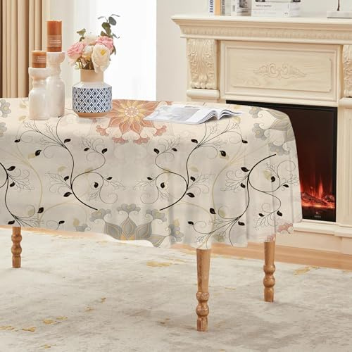 Vintage Symmetrische Blumen Tischdecke Ovale 140x100 cm, Fleckabweisende Abwaschbare Tischdecke mit Rankenmuster Muster, Boho-Stil Gartentischdecke, Für Küche, Esszimmer -AAi27