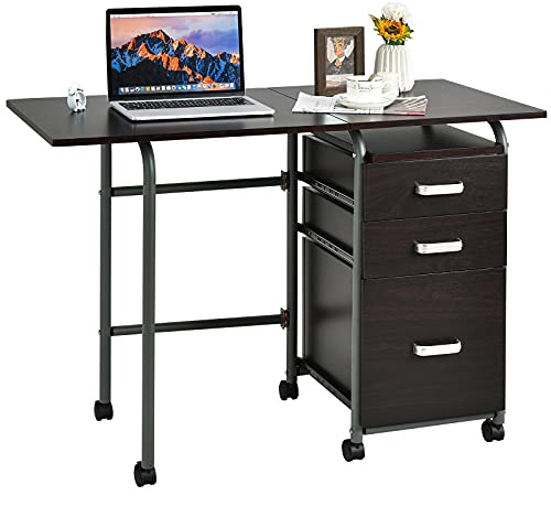 Tangkula Folding Computer Desk with 3 Storage Drawers, Mobile Home Office Desk Study Writing Desk with Smooth Wheels, Space Saving Compact Desk for Dorm Apartment, Rolling Folding Desk Table