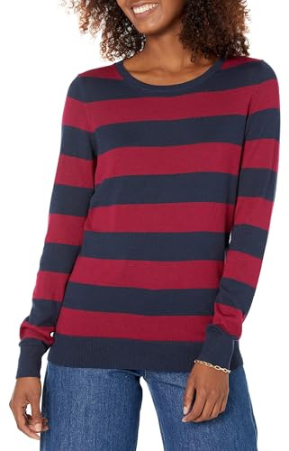 Amazon Essentials Maglione Girocollo Leggero A Maniche Lunghe (Taglie Forti Disponibili) Donna, Bordeaux Blu Marino Righe da Rugby, XL