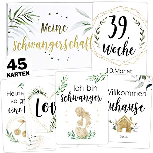 OLGS Schwangerschaft Meilensteinkarten Tropical Green, 45 Meilenstein Karten Geschenkset, Perefekt zur Geburt, werdende Mutter, Babyparty