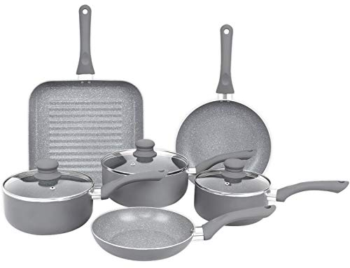 Gr8 Home Induction Aluminium 9 Piece Non Stick Grey Marble Effect Frying Saucepan Grill Pan Pot Set Kitchen Cookware Kit (Improved Design All Pans Induction)
