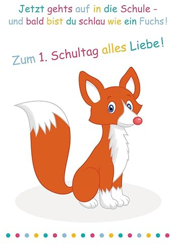 Perleberg - schöne Karte zum Schulanfang mit Fuchs Motiv - hochwertige Karten zur Einschulung - Einschulung Karten mit Umschlag - Glückwunschkarte für Jungen & Mädchen 11,6 x 16,6 cm