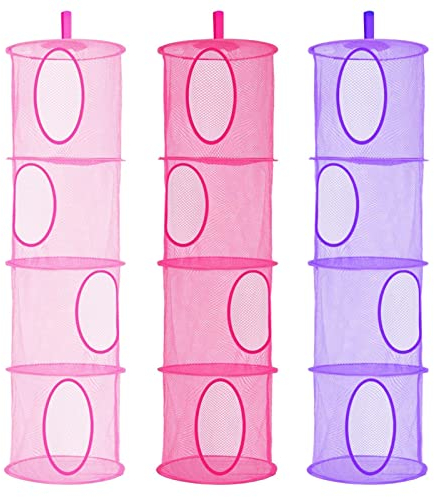LIVEHITOP 4 Stufe Hängeaufbewahrung, 3PC Faltbare Speichern Sie Platz Lagerkorb für Kinderzimmer, Badezimmer, Balkon (Rosa, Rose, Lila)