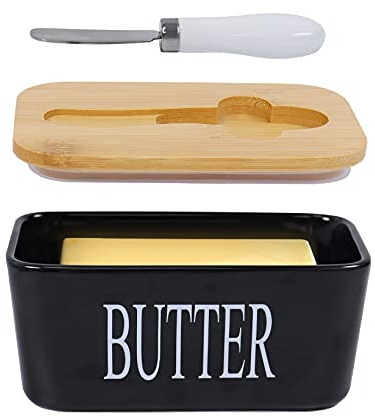 Beurrier en porcelaine avec couvercle hermétique en silicone pour beurre, noix, fromage, noir + couteau à beurre