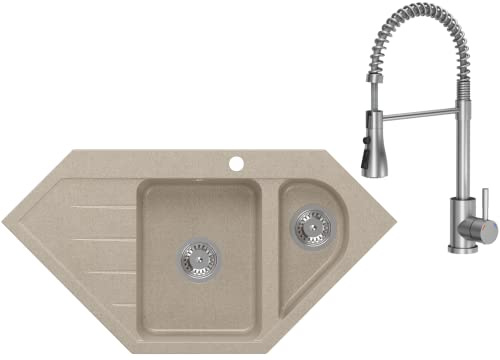 VBChome Eckspülbecken mit Armatur 95x49 cm Beige Granit 1,5 Becken 1,5 Abtropffläche Küche Einbauspüle Küchenspüle Gesprenkelt Spülbecken Siphon Armatur