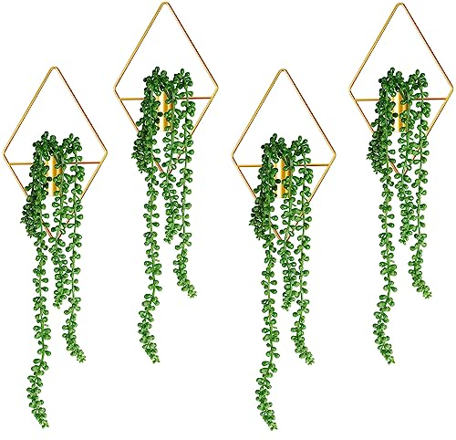 Jexine Pflanzen-Wanddekoration, Diamantform, hängende Pflanzgefäße mit künstlichen Pflanzen, geometrische Wanddekoration, Metall-Hängevase, Zimmerpflanzenhalter für Wohnzimmer, Badezimmer, Zuhause