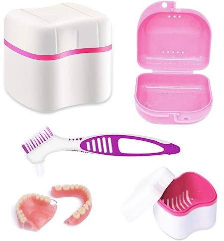 Contenedor de dentaduras postizas con colador, Estuche de dentaduras postizas, Cepillos limpiadores de dentaduras postizas, Caja de almacenamiento de dentaduras postizas de viaje portátil