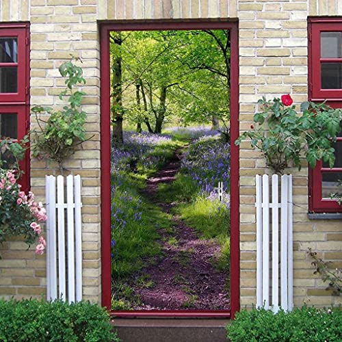 3D Türaufkleber 80 X 200 Cm Türtapete Selbstklebend Türposter - Waldblaue Blumenlandschaft Fototapete Türfolie Poster Tapete Meer Aufkleber Diy Selbstklebende Wandbild Pvc Wasserdichte Tapete
