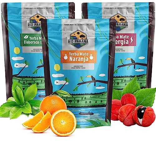 Rio Parana Yerba Mate Tea Set 3x500g - Argentine Yerba Mate Selection: Elaborada con Palo, Energia & Naranja