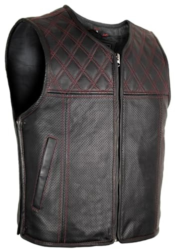 MDM Chaleco de cuero auténtico para hombre moto biker club, negro con costuras rojas, laterales ajustables con cremallera (FR/ES, Letras, 4XL, Regular, Regular)