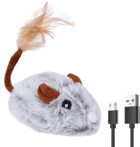 MiOYOOW Interaktive Spielzeug Maus, Mausspielzeug Katzenspielzeug, Über USB Wiederaufladbare Katzen Spielzeugmaus mit Federschwanz für Katzen Im Innenbereich, Selbstspiel, Übung