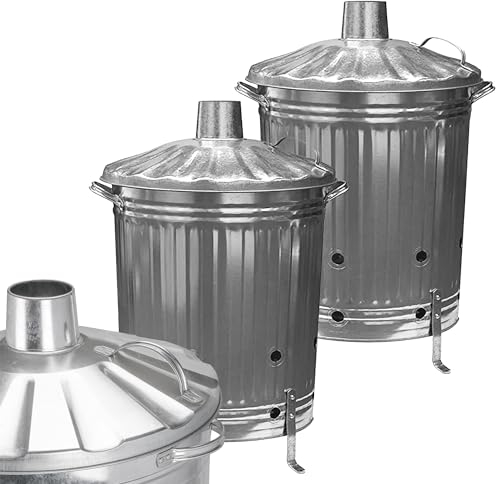 Pluto Packaging Extra Large heavy Duty 90 Litre Galvanised Metal Outdoor Fire Burning Bin Complete With Reverted Handles, Lid & Legs