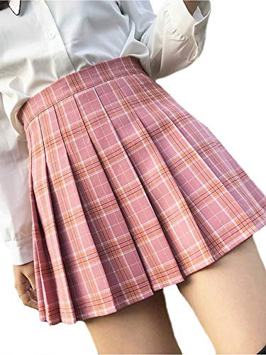 Women Girls High Waist Pleated Skater Tennis School Short Skirt (Red Plaid, M)