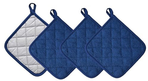 Kitchen Pot Holders Set Heat Resistant Pure Cotton Potholders Kit Trivets Large Coasters Hot Pads Terry Pot Holders for Everyday Cooking and Baking by 7 x 7 Inch Set of 4 Dark Blue