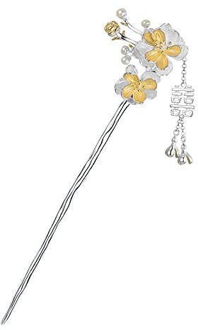 Haarschmuck, Vintage-Haarstäbchen, Perlen-Haarnadel, chinesische Haarstäbchen aus S925-Silber, verzierte, glänzende Pfirsichblüten-Haarstäbchen mit Quaste, baumelnder Haarknoten-Schmuck for Mädchen, B