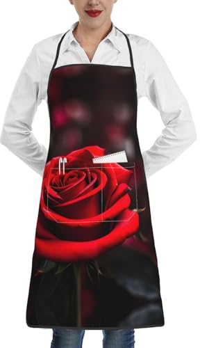 Lrtyuasq Weiße Gänseblümchen-Premium-Schürze mit Taschen, Verschlussrand, für Erwachsene, Arbeitsschürze für Erwachsene, Unisex, ideal für Küche, Restaurant, Rote Rose2, One size