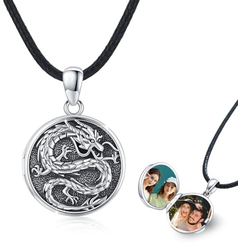 CRWENG Drachen Halsketten 925 Sterling Silber Drache Foto Box Anhänger Kette für Papa Foto Medaillon Ketten kann zwei Fotos Drachen Schmuck für Männer und Frauen halten (Lederband)