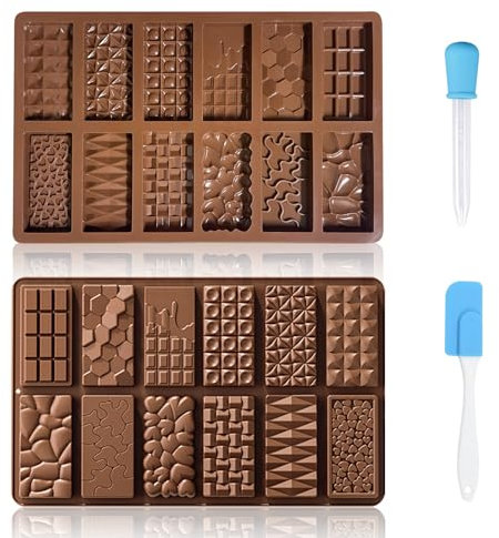 TAIHOBO Schokoladenform Silikon, Silikonform Schokolade mit Tropfern und Spatel, 2 Stück Schokoladenform Tief Hitzebeständig, Silikonform Schokoladentafel für DIY Waffeln Süssigkeiten Gelees