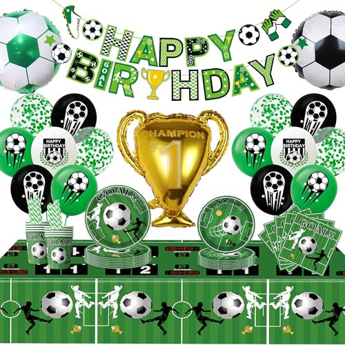 Football Birthday Decorations Party Tableware - Football Happy Birthday Banner Tablecloth Balloons, Paper Cups Napkins Paper Straws for Boys Kids Sports Theme Party Decor (10 Guests)