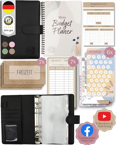 BeginnerBudget® Budget Planner Deutsch - Starterset mit Sparchallenge Budgetplaner deutsch - Sparen mit Umschlagmethode + Anleitung - Ringbuch A6 - Binder A6 Litchi-Style (Schwarz (mit Budgetplaner))