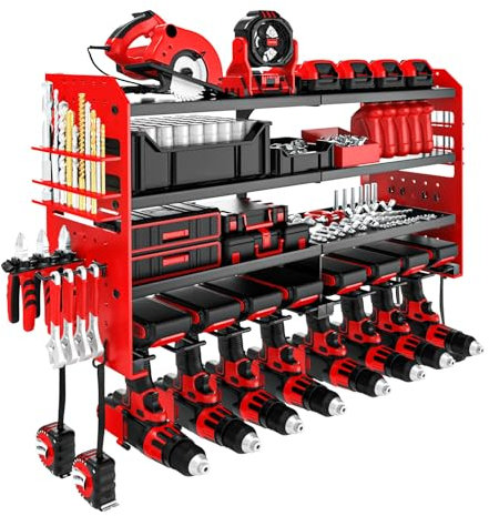 VeyFolzin.st Power Tool Organizer Wall Mount, Metal Power Tool Storage Rack with Screwdriver Holder, Garage Tool Storage Shelves with Screwdriver Holder(Read, 8 Drill)