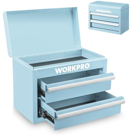 WORKPRO Metal Mini Tool Box, Top Tool Chest containing Two Drawers with Ball Bearing Slides, PVC Drawer Liners and PP Feet Pads, Durable Cold Rolled Steel Small Toolbox for Multi-Purpose Storage