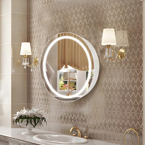Janboe Armadio medico rotondo con luci, armadietto per medicinali a LED con annebbiatore, armadietto a specchio illuminato per bagno, dimmerabile, senza appannamento, temperatura di colore 3000 K-6500