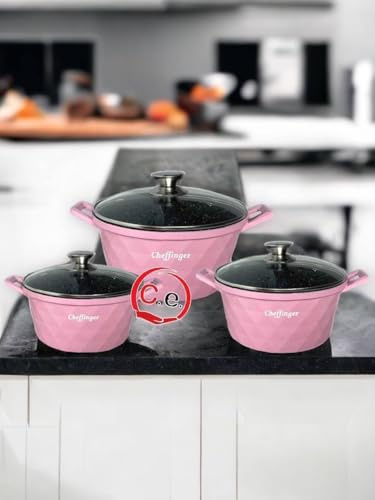 CasseseShop Tris casseruole diamantate in pietra lavica con coperchio in vetro Cheffinger (Rosa)