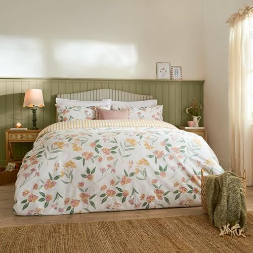 furn. Set copripiumino Wylder Nature Betsie – Morbida biancheria da letto reversibile con motivi floreali e a righe (giallo - matrimoniale)