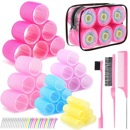 5 Sizes Self Grip Hair Rollers Set, 64 Pcs Rollers Hair Curlers with Clips Comb for Long Medium Short Hair (60 48 40 32 20mm), Multicolor