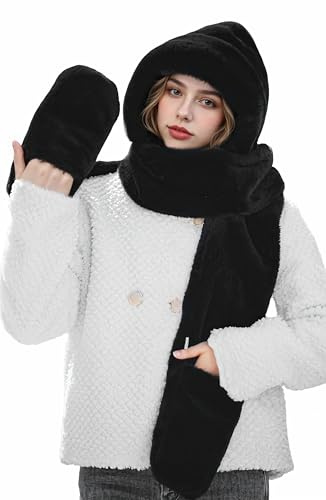 Passionbility Winter Scarf for Women - 3 in 1 Faux Fur Hooded Scarf Hat Gloves Set