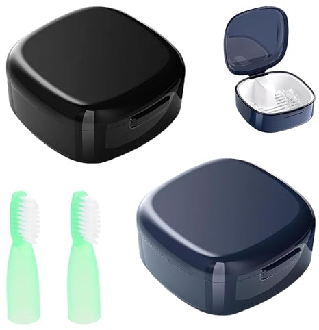 2 Denture Box Set, Retainer Cases with 2 Finger Toothbrushes, Portable False Teeth Container for Cleaning and Storage, Blue and Black Denture Pots with Lids, 7.8 * 7.8 * 3.8 cm