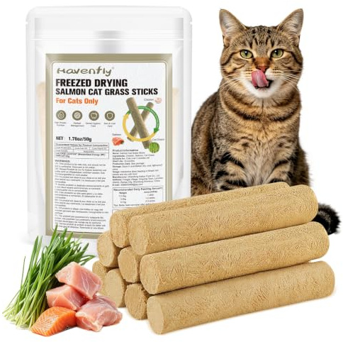 Havenfly Katzengras Snack, Gefriergetrocknet Snacks für Katzen für die Zahnpflege und Haarknäuel Entfernen, Katzenminze (50g-Lachs-Katzengras)