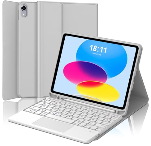 JADEMALL Coque Clavier avec Touchpad pour iPad A16 11eme Generation 11 2025/10eme Generation 10.9 2022, AZERTY Clavier Bluetooth avec Pavé Tactile pour iPad A16 11 Pouces 2025, Gris Clair