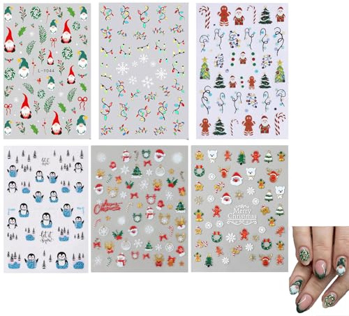 ZWWOGE 6 Blatt Nagelsticker DIY Weihnachten Schneemann Schneeflocke Pinguin Rentier Sticker süß Nail Art Sticker Selbstklebend Nagelaufkleber Stereoskopisch Dekoration Nageldesign Zubehör