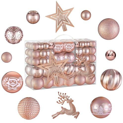 102 Stück Weihnachtskugeln Rosegold Christbaumkugeln Set Weihnachtskugeln Plastik,Weihnachtsbaumschmuck,Christbaumschmuck,Ceihnachtsbaumkugeln,Tannenbaum Kugeln