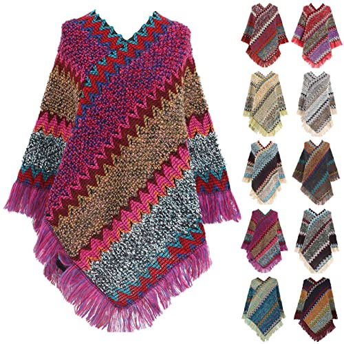 Poncho mit bunten Streifen Ethno-Stil, Poncho mit Fransen damen, Cape Pullover Übergroße, Strickpullover Decke Wrap Umhängetuch Herbst Winter Festliche Geschenke Für Mutter (Khaki, One Size)